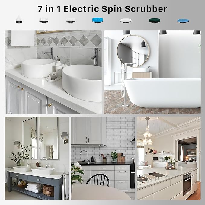 Electric Spin Scrubber, Hillyfe Bathroom Scrubber Electric with 7 Replaceable Brush Heads, IPX7 Waterproof,300/400 RPM, 3 Adjustable Length,Scrubber Brush Electric for Bathtub Floor,Black