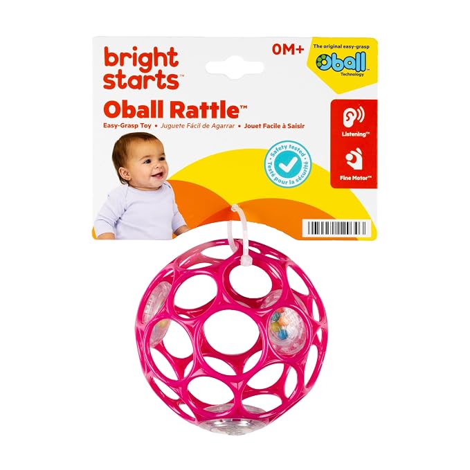 Bright Starts Oball Easy-Grasp Baby Rattle Ball, Pink, Ages Newborn and Up, 4 Inches