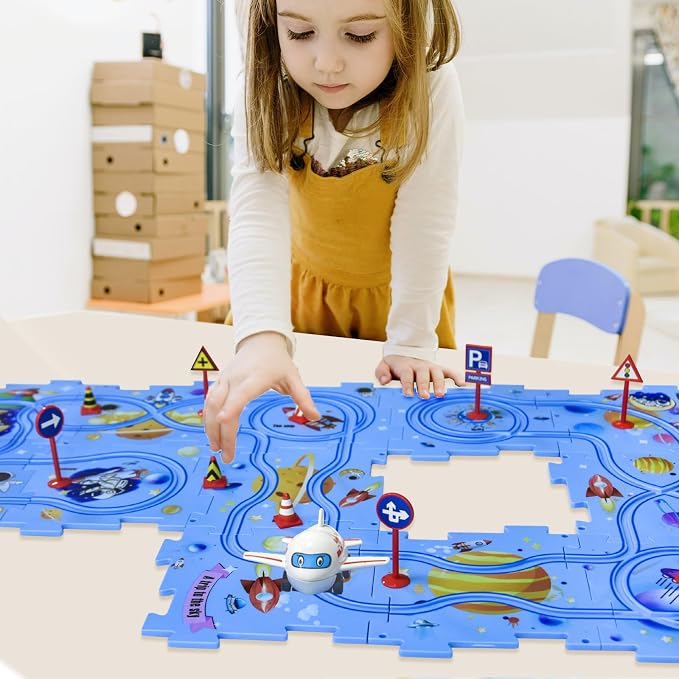 4 Year Old Boy Birthday Gift, Puzzle Racer Kids Car Track Set Puzzle Racer Car Track Set with Roadmap Puzzle Track Car Play Set Toys for 4 Year Old Boys (A-Space, Set1-25pcs)