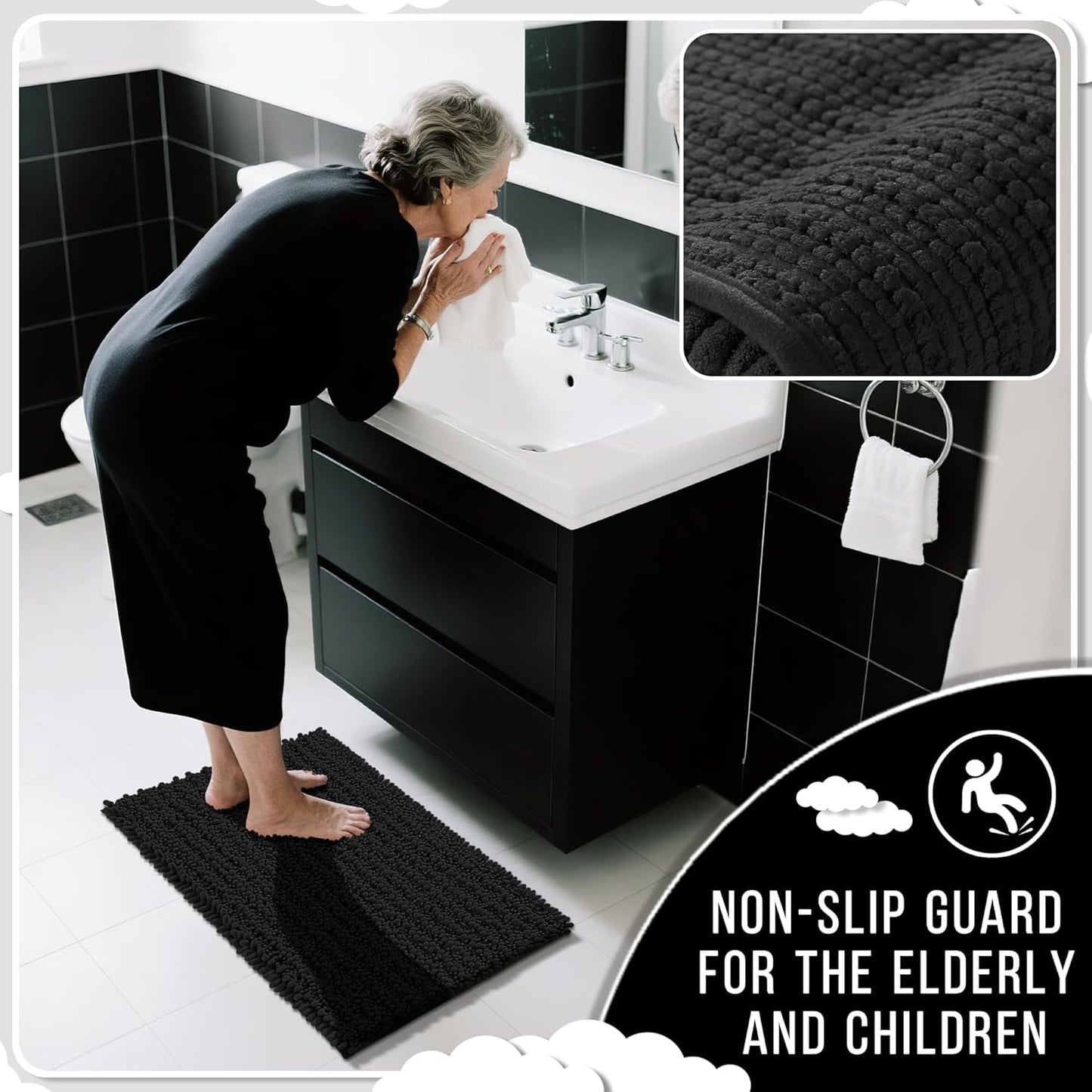Yimobra Large Bathroom Rugs Non Slip Washable 36x24 Inch - Ultra Soft Absorbent Chenille Bath Mat, Quick Dry Shaggy Floor Carpet for Tub Shower, Black Home Decor Accessories