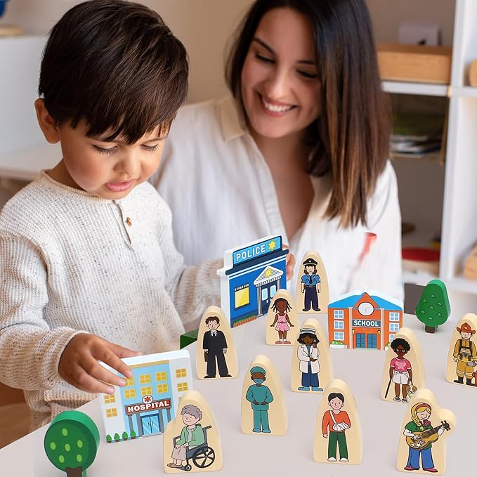 Atoylink 36Pcs Wooden Community Helpers Pretend Play Toys for Kids 3 4 5 6 Year Old, Wooden People Figures Blocks Occupations Dress up Toddlers Preschool Learning Toys Boys Girls Birthday Gifts