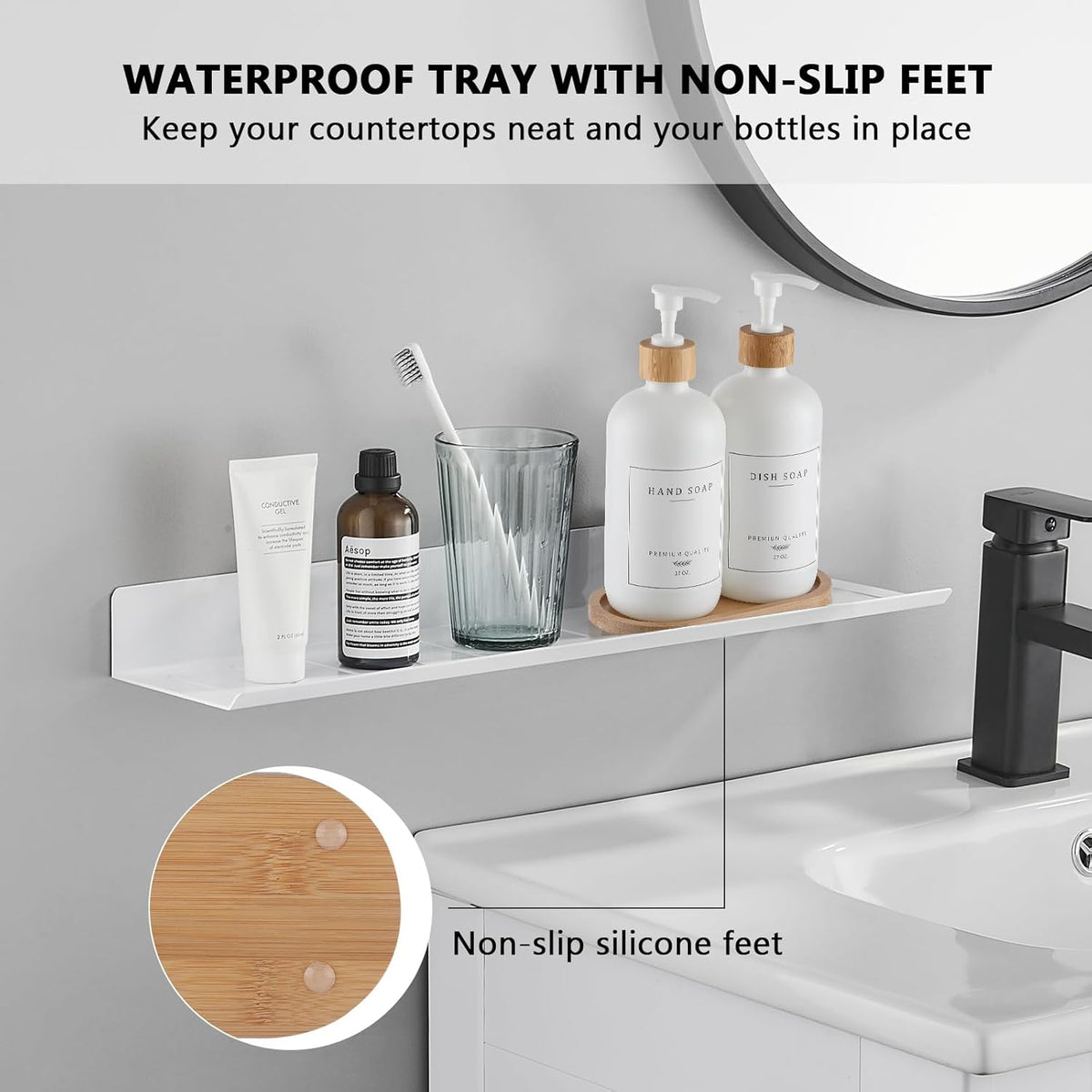 White Glass Soap Dispenser - Hand Dish Soap Dispenser Set for Kitchen, Bathroom with Sturdy Pump and Tray, 14 Waterproof Labels,Refillable Soap Lotion Dispenser-White