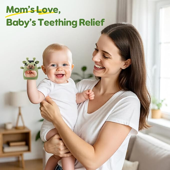 TOHIBEE 2 Packs Baby Teething Toys for 0-6 6-12 Months, Food Grade Silicone Adjustable Cow Teething Mitten, Chew Teether Toys for Teething Pain Relief, Baby and New Born Essentials, Green & Beige