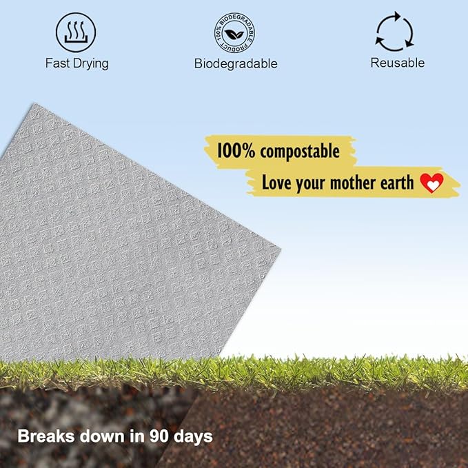 Swedish Dishcloths for Kitchen | 10 Pack Absorbent Cellulose Sponge Cloths Washable | Non-Scratch Reusable Paper Towels Quick Drying Cleaning Rag - Grey