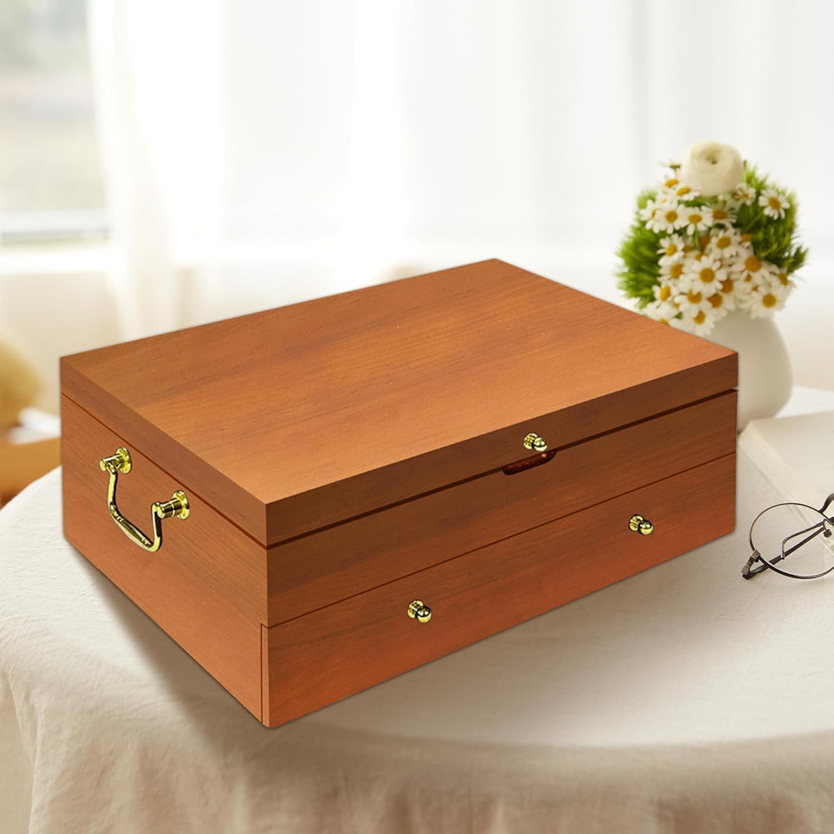 Silverware Storage Box Solid Wood with Lid, 2 Layer Silverware Storage Chest, 15.5'' ×11.5'' Silverware Organizer with Handle and Felt Lined, Chest for Flatware Setting Up 30