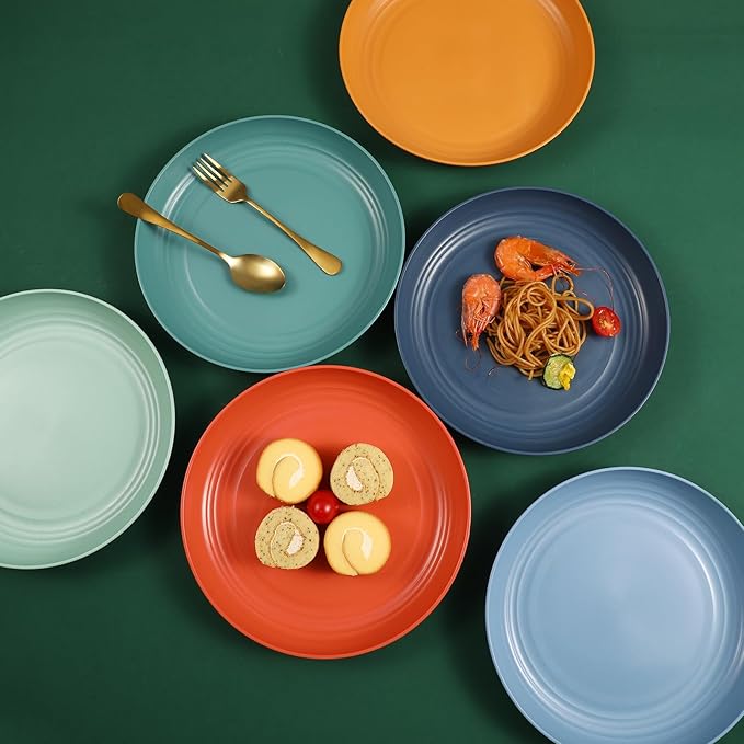 12 Pcs Unbreakable Deep Dinner Plates Set, 10 inch Reusable Plastic Wheat Straw Plates, Microwave and Dishwasher Safe Plate for Kitchen, Lightweight Plate for Dessert, BPA Free, Dark Green