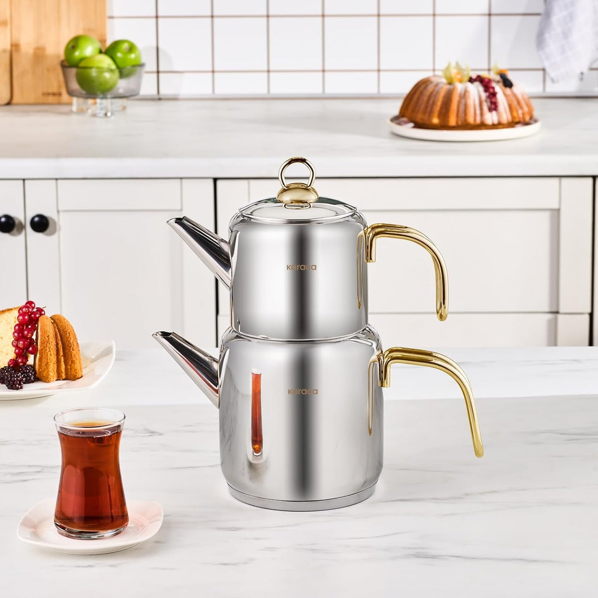 Karaca New Mira Turkish Tea Set for Stovetop, Induction Base Stainless Steel Tea Maker (1L Teapot & 2L Tea Kettle), Dishwasher Safe, Non-Burning Gold Handles Samovar Style