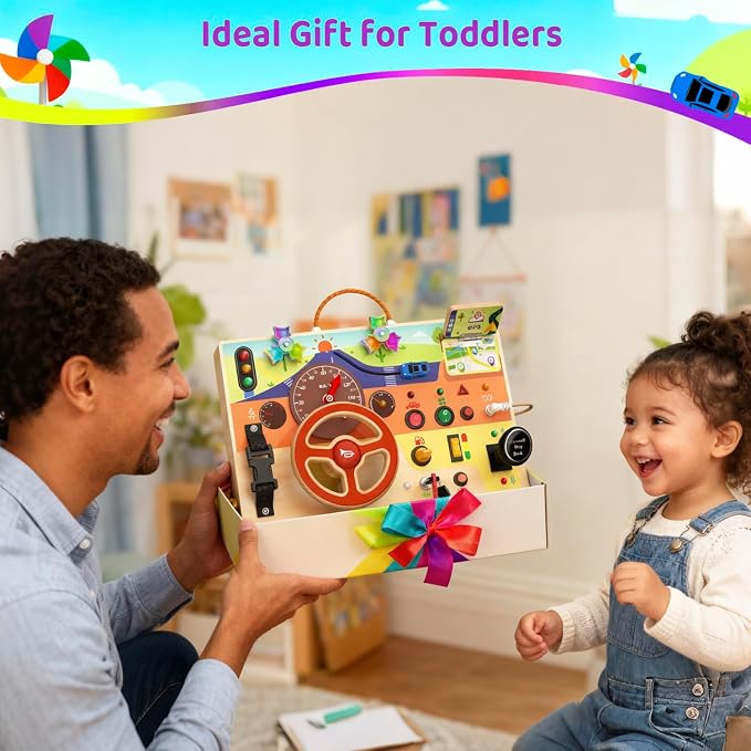 Montessori Wooden Busy Board with Steering Wheel & Driving Toys - Sensory Activity Boards for Toddlers 1-3, Car Themed Fidget Toy with Lights, Switches & Windmill Spinner, Travel Gift for Boys Girls