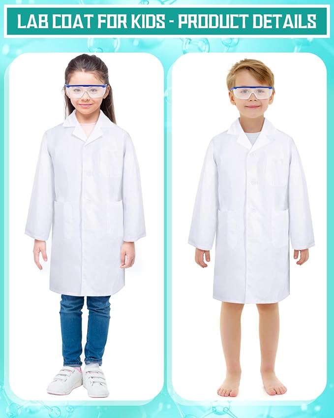 Unittype 6 Set 66 Pcs White Kids Lab Coats Bulk Children Girl Doctor Scientist Costume Lab Coat Goggles Test Tube Eyedropper(M)