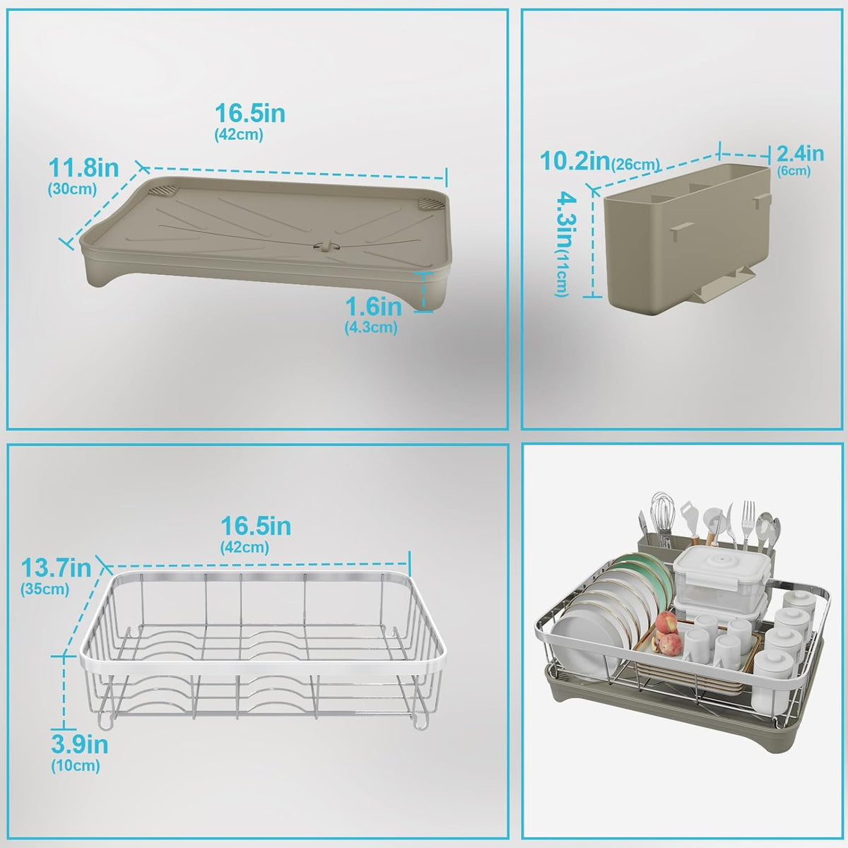 Dish Drying Rack - 304 Stainless Steel Dish Rack, Adjustable Spout Auto-Draining Dish Drainers for Kitchen Counter, Large Capacity for Bowls, Cups, Dish Drainer with Drainboard Grey