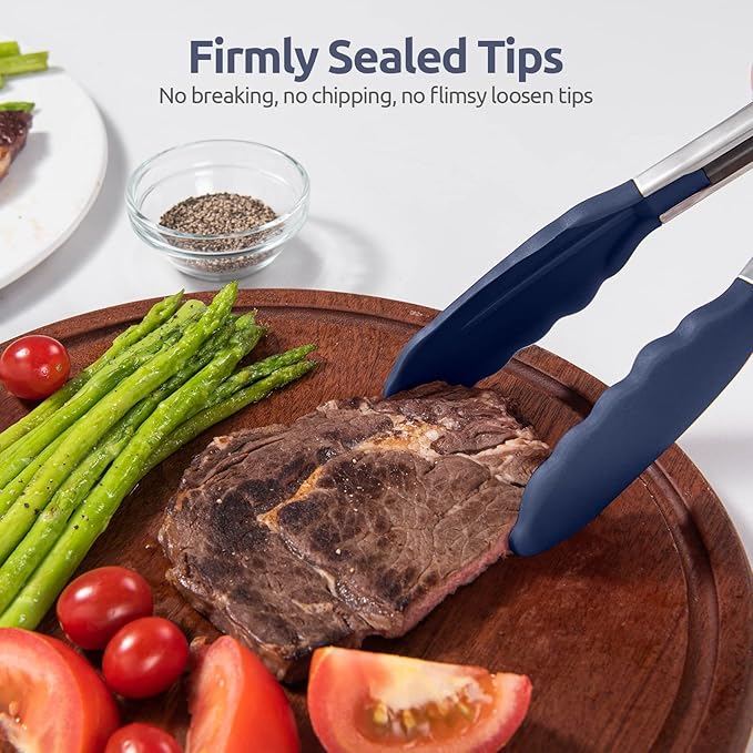 Heat Resistant Silicone Kitchen Tong: U-Taste 12 inch Large 480ºF Hot Proof Cooking Tong with Sturdy Non Stick Rubber Tips & Silicon Coated Steel Handle & Smooth Locking for Serving (Midnight Blue)
