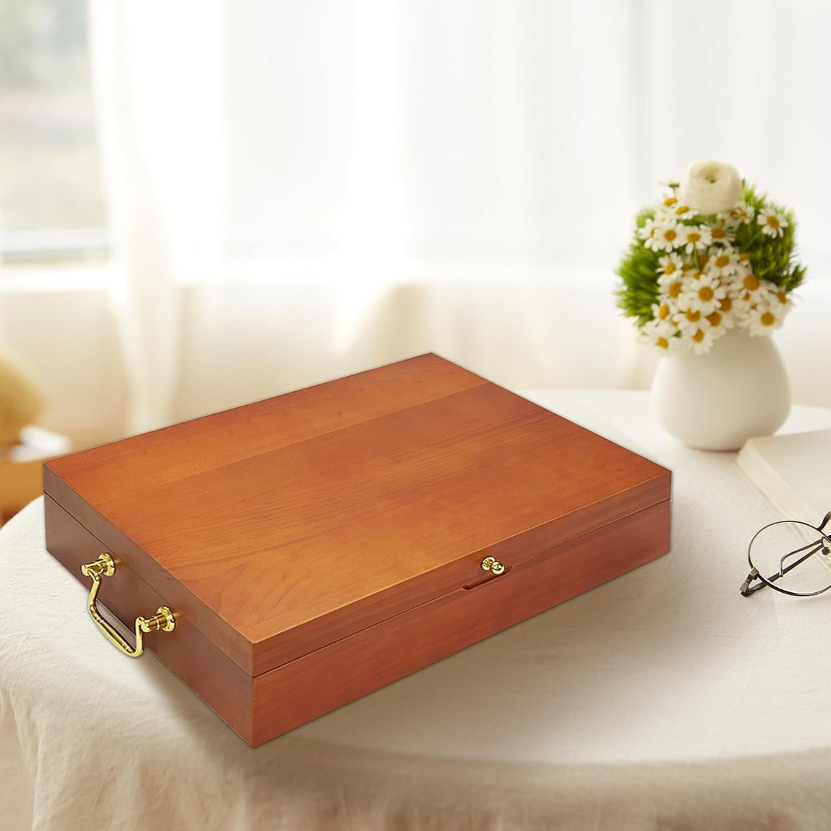 Silverware Storage Box Solid Wood with Lid, Silverware Organizer with Handle and Felt Lined, Silverware Storage Chest for Flatware and Utensils Home Decor Gift, Chest for Flatware Setting Up 15