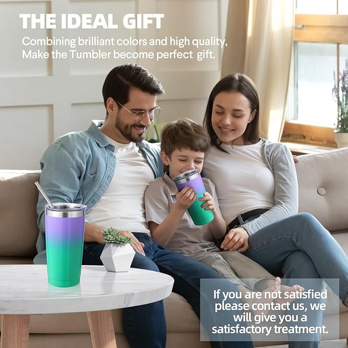 Volhoply 20oz Stainless Steel Tumbler with Lid and Straw,Double Wall Insulated Travel Ice Coffee Mug Fits Cup Holder,Powder Coated Cups for Hot and Cold Drinks,Gifts for Women Men(Purple Green,1 Set)