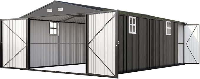 AMERLIFE 10x21x7.3 FT Outdoor Metal Garage Shed, Extra Large Storage Shed with Double Hinged Doors & 4 Windows, Carport for Car, Midsize SUV, Bike and Equipment Storage, Dark Gray