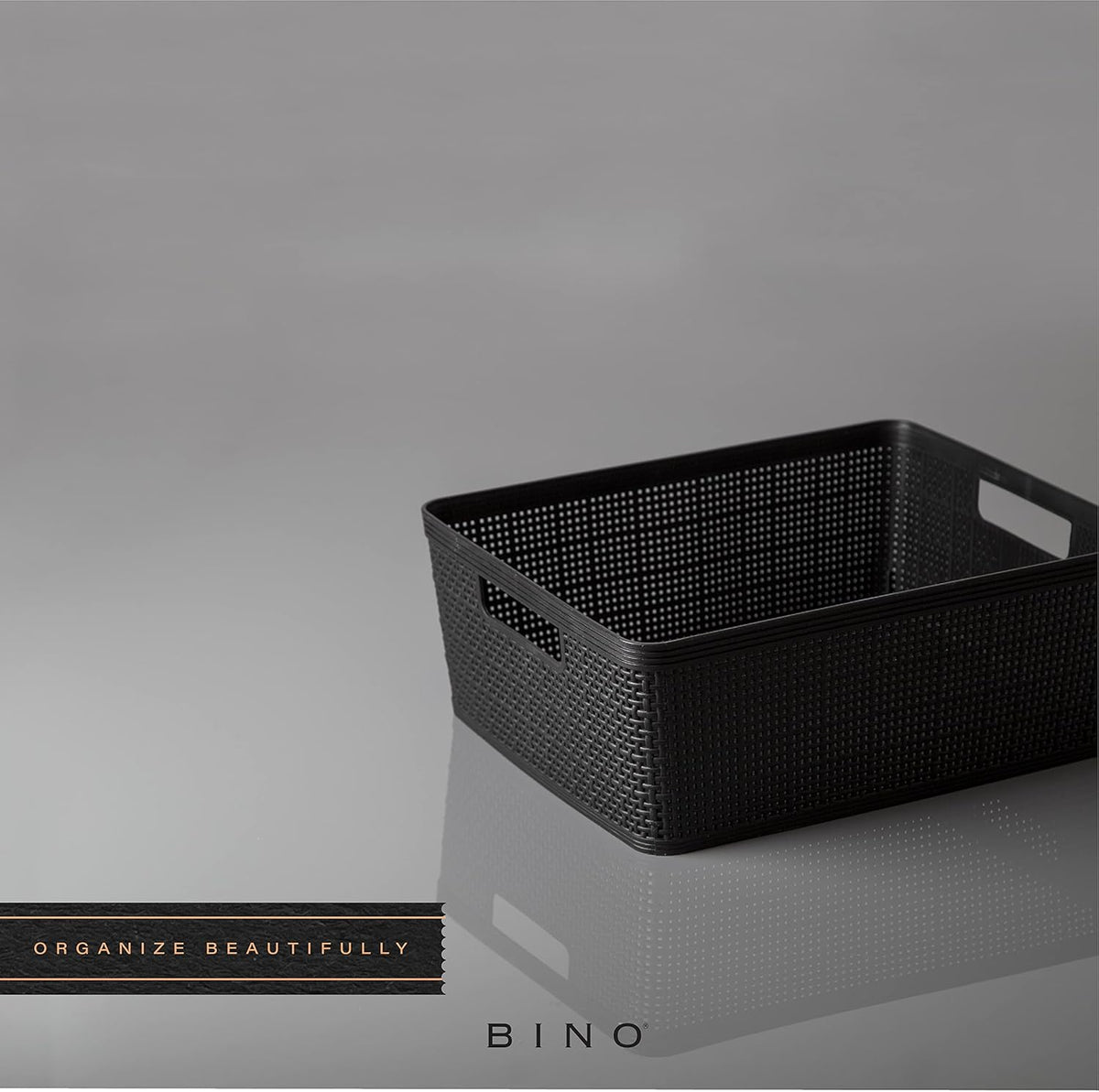 BINO | Woven Plastic Basket | Medium (Black), 4-Pack | THE JUTE COLLECTION | Home Organization, Space - Saving Storage, Stylish Design | Jute Basket | Plastic Storage Basket