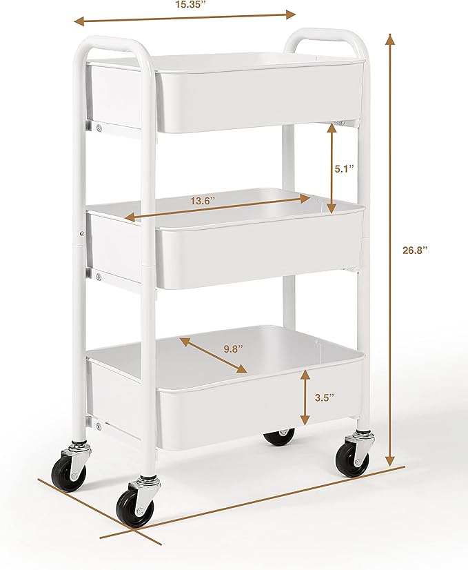 SunnyPoint 3-Tier Delicate Compact Rolling Metal Storage Organizer - Mobile Utility Cart Kitchen/Under Desk Cart with Caster Wheels - WHT (15.35" X 10.24" X 26.8"H)