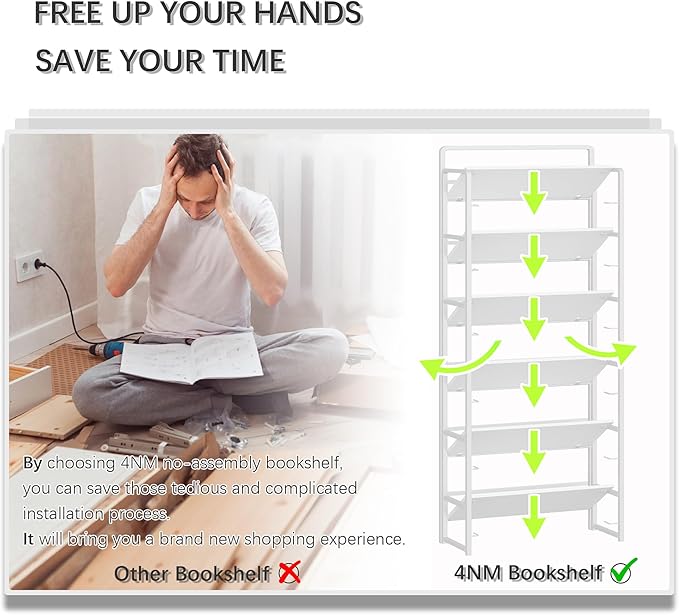 4NM No Assembly 6 Tiers Folding Bookshelf Storage Shelves Vintage Bookcase Standing Racks Study Organizer Home Office (All White)
