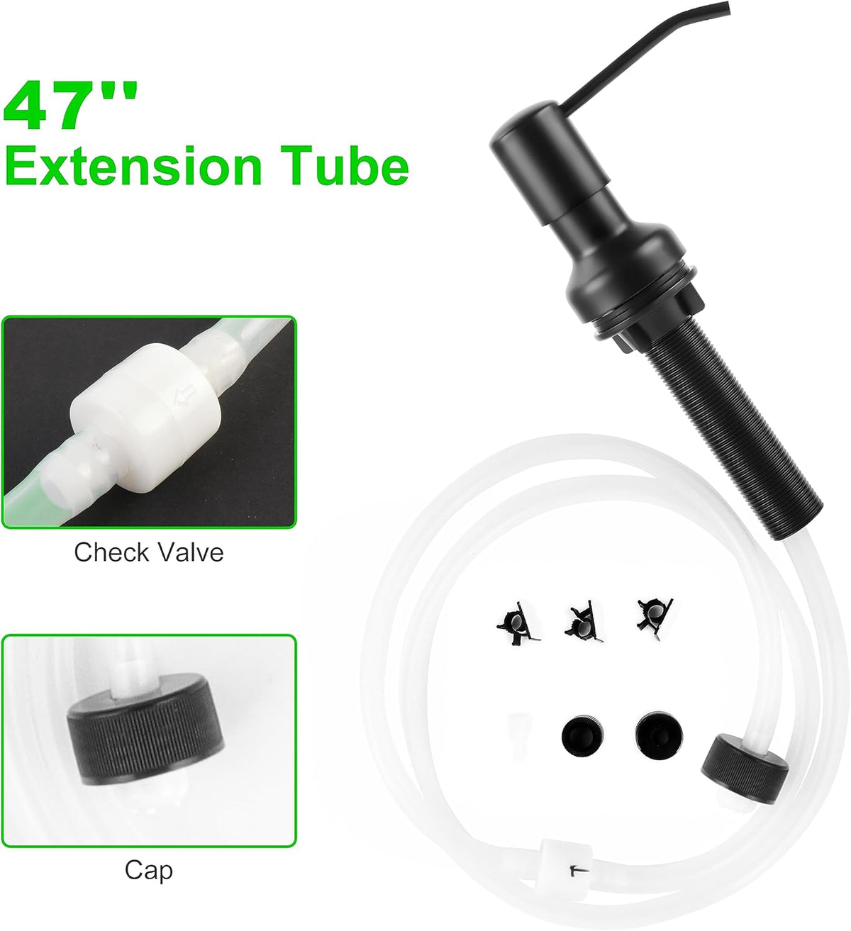 Soap Dispenser for Kitchen Sink, Sink Soap Dispenser with Longer Threaded Shaft Shank, 47" Extension Tube Connects Directly to Dish Soap Container, Wider Pump Head Base (Black)