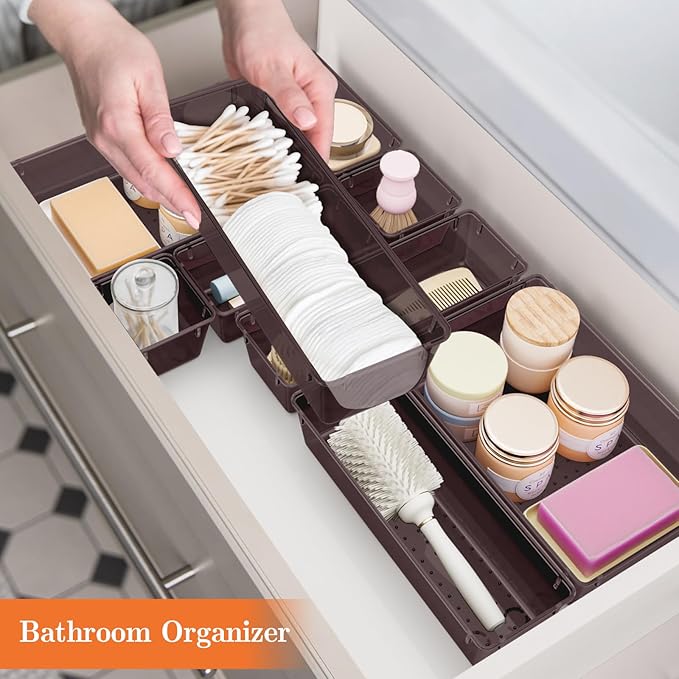 25 PCS Plastic Drawer Organizer Set, 4-Size Versatile Organizer Trays & storage Bins for Makeup, Jewelry, and Gadgets in Bathroom, Bedroom and Office,Brown