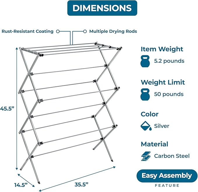Honey-Can-Do Collapsible Laundry Drying Rack, Sturdy Steel, Foldable & Portable Clothes Drying Rack, Space-Saving Design, Indoor & Outdoor Drying, Ideal for Laundry Room 50lb Capacity, Silver