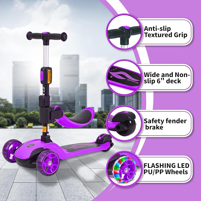 GLAMUP Kids Scooter, 2-in-1 Folding Kick Scooters, Adjustable Height, Safety Lock, 3 Wheel Kick Scooter for Boys and Girls Ages 3-14