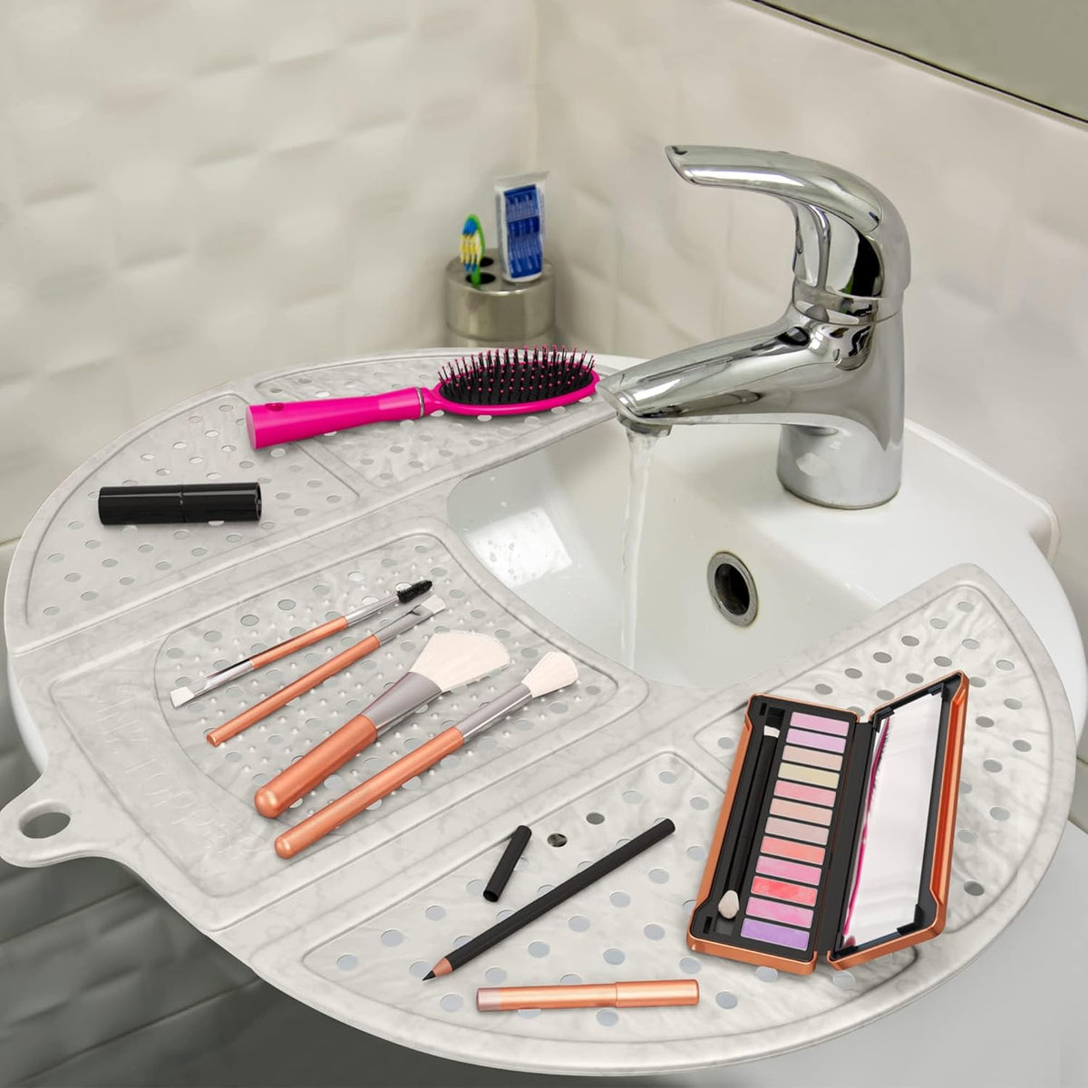 Sink Topper Bathroom Counter Cover & Storage Saver, Foldable Silicone Mat for Hot Tools, Hair Styling & Makeup, Beauty Brush Cleaning Mat, RV Camper Sink Cover & for Small Spaces (Standard Pearl)