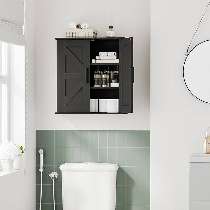 Bathroom Wall Cabinet, Over Toilet Storage Cabinet with Barn Doors and Adjustable Shelves, 3-Tier Medicine Cabinet Wall Mounted, for Bathroom, Kitchen, Entryway, Laundry Room, Black, (7.9" D)