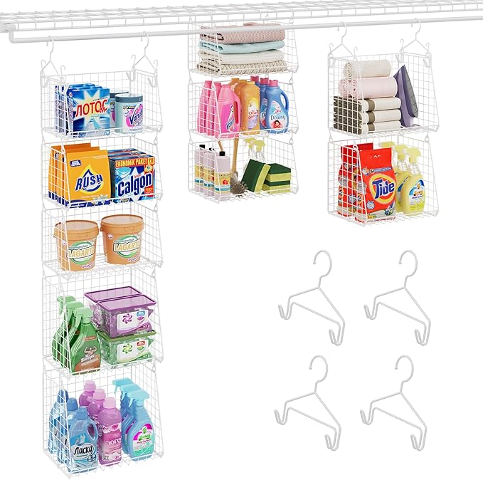 Sonyabecca 5-Tier Hanging Laundry Basket Organizer: Foldable Wire Shelf Basket with 4 Large Hooks 1.65" & 360°Rotating Hooks – Space-Saving Laundry Room Organization for Wardrobe Closet, White Patent