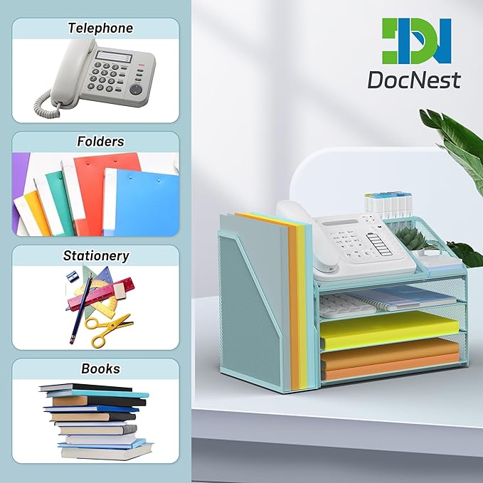 DocNest 4 Tier Paper Letter Tray File Organizer, Mesh Desk File with Handle, Workspace Desk Organizers with Pen Holder, Office Organization Storage Accessories - Blue