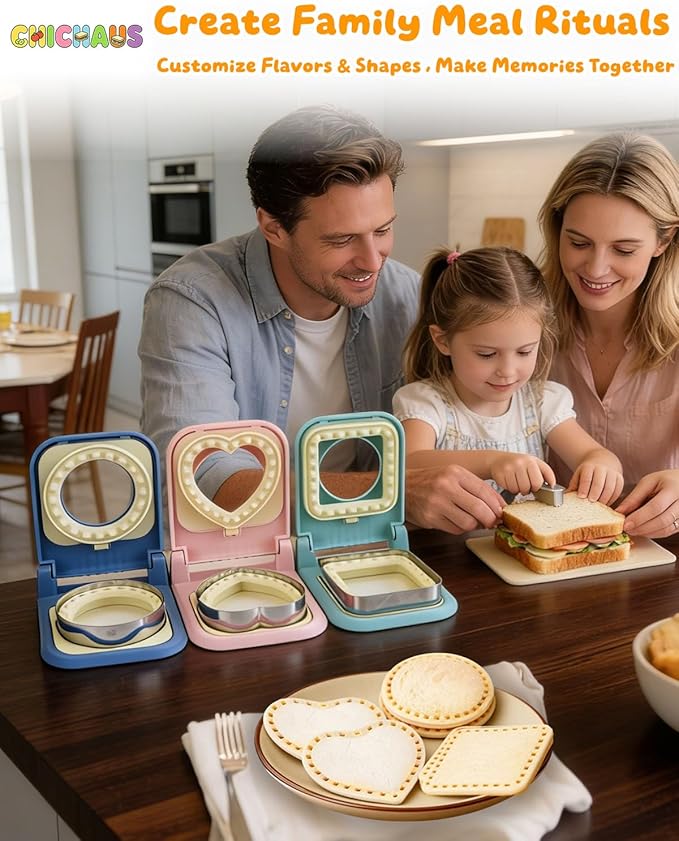 3-in-1 Uncrustable Sandwich Maker - Heart/Circle/Square Crustless Sandwich Cutter & Sealer for Kids' Lunch, Breakfast & Lunchboxes | BPA-Free Uncrustable Press, Easy Clean (3-Shape Pink)