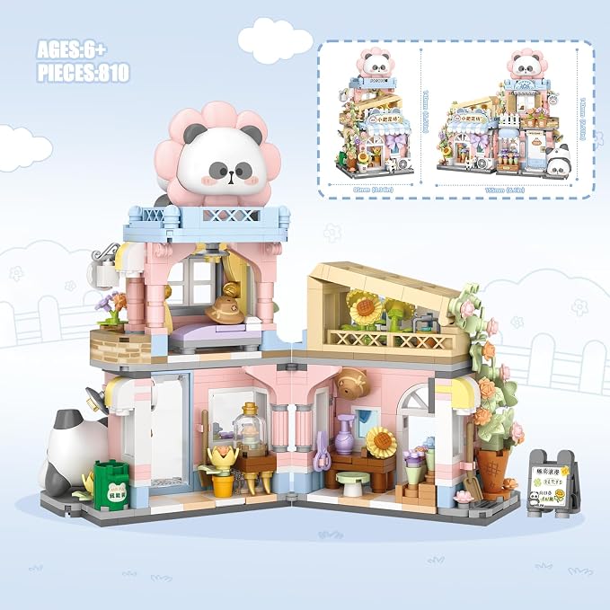 Street View Flower House Shop Mini Building Blocks, MOC Creative Building Toys Cute Panda Building Set for Kids 6-12, Simulation Architecture Construction Toy, Gift Idea for Kids Adults (810PCS)