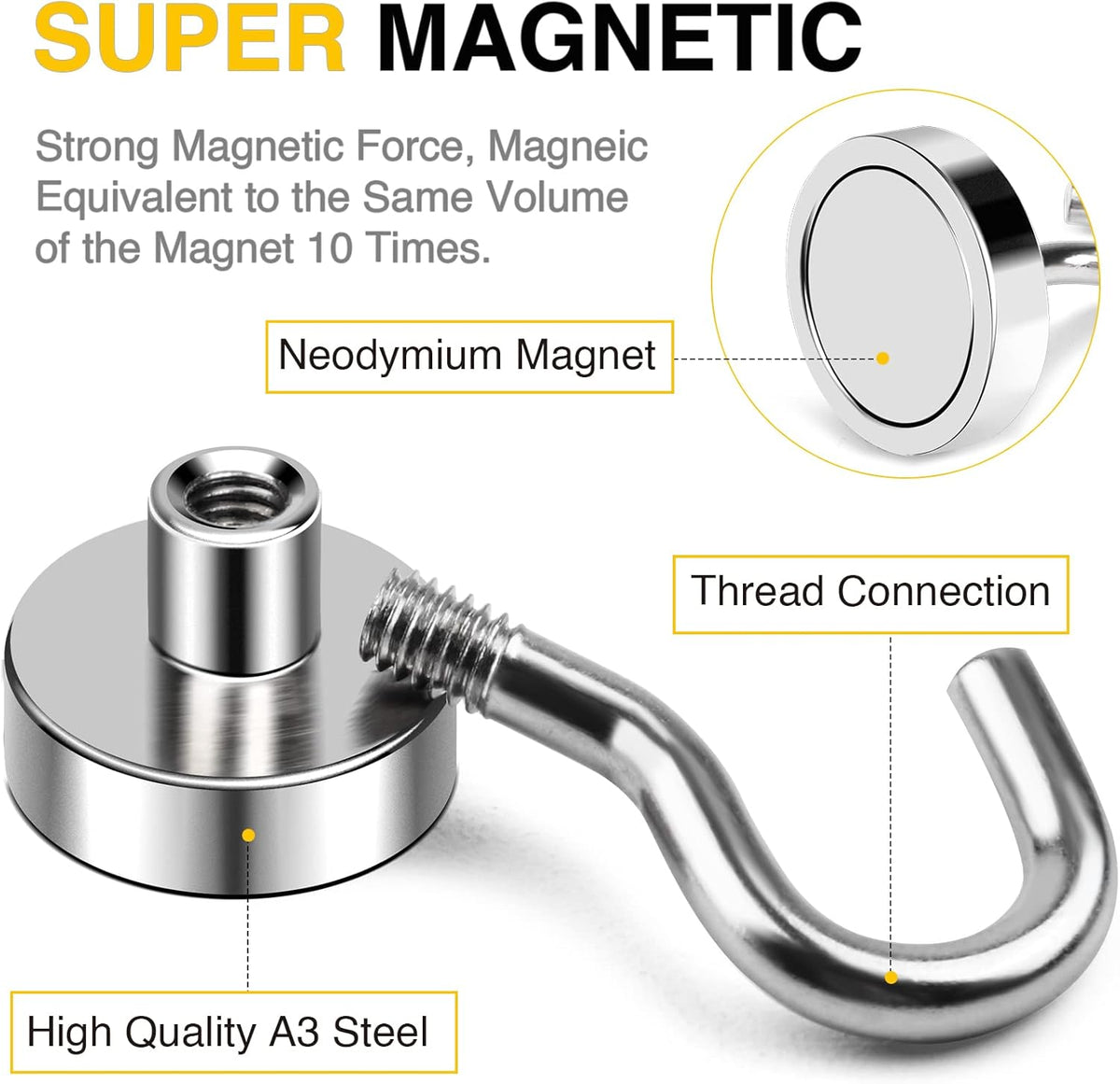 DIYMAG Hooks for Hanging String Lights, 30lbs 2025 Cruise Cabin Ship Essentials N52 Magnetic Hook Heavy Duty Strong Magnets Fridge for Classroom Beach Vacation Kitchen Grills 6 Pack Silver