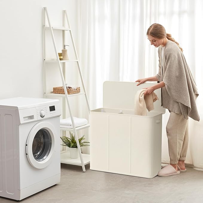 Lifewit Triple Laundry Hamper with Lid and Removable Laundry Bags, Large Collapsible 3 Dividers Dirty Clothes Basket with Handles for Bedroom, Laundry Room, Closet, Bathroom, College, 180L White