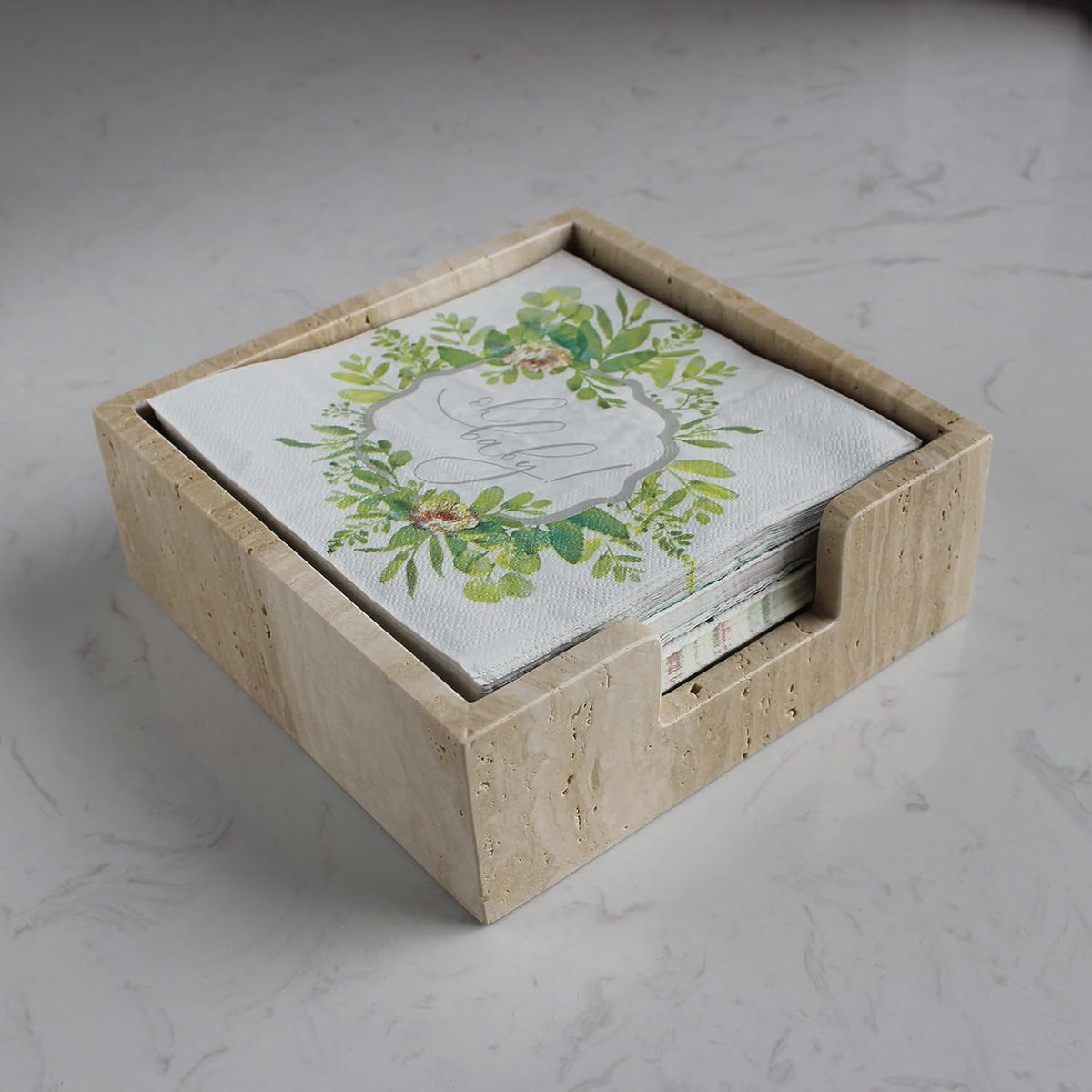 Travertine Luncheon Napkin Holder 7.5" x 7.5" x 2.76" for Table, Cocktail Napkin Tray for Restaurant/Kitchen