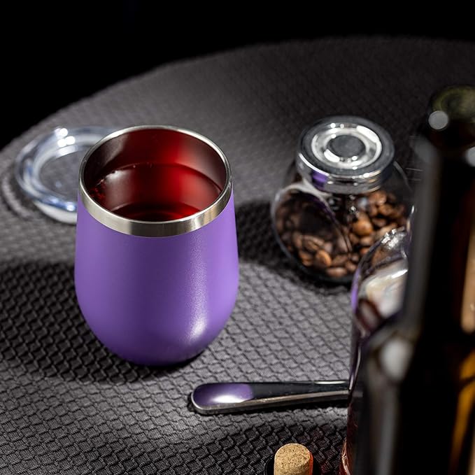 COMOOO Stainless Steel Wine Tumbler 4 Pack with Lid and Straw 12oz Double Wall Vacuum Insulated Travel Tumbler Cup Stemless for Hot and Cold Drinks, Coffee, Wine, Cocktails, Purple