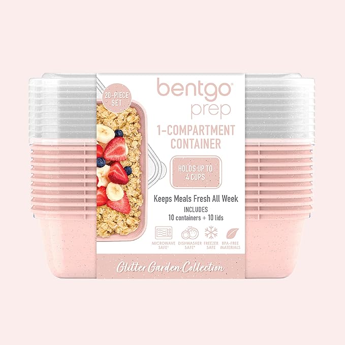 Bentgo Prep - 20-Piece 1-Compartment Reusable Meal Prep Containers with Lids, PFAS & BPA Free Materials, Durable, Microwave, Freezer, & Dishwasher Safe To Go Food Storage (Peony Glitter)
