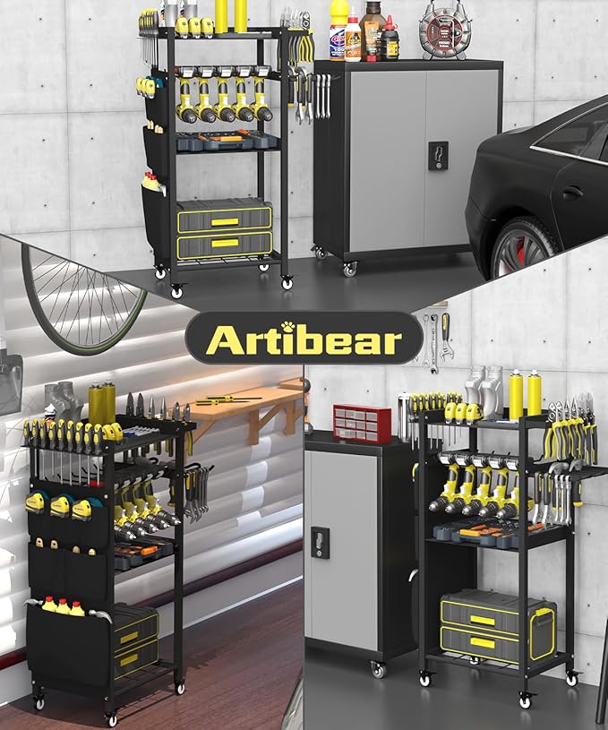 Artibear 4-Tier Rolling Power Tool Organizer Storage Cart, Garage Organization on Wheels Tool Cart with Drill Set Rack Shelf, Mechanic Utility Cart for Workbench & Outdoors Working, Gift for Men Dad