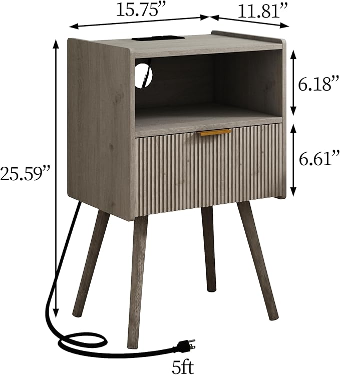 Nightstand with Outlet,Modern Bedside Table with Storage Drawer and Open Wood Shelf, for Living Room, Bedroom and Small Spaces, Accent Night Stand with Solid Wood Legs, Easy Assembly,Grey Oak