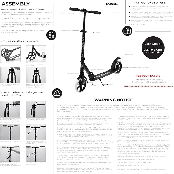 LaScoota Kick Scooter for Kids Ages 6+, Teens & Adults, Large 8" Sturdy Urethane Wheels. Adjustable Handlebar, Lightweight, Foldable, 220lbs Max Load