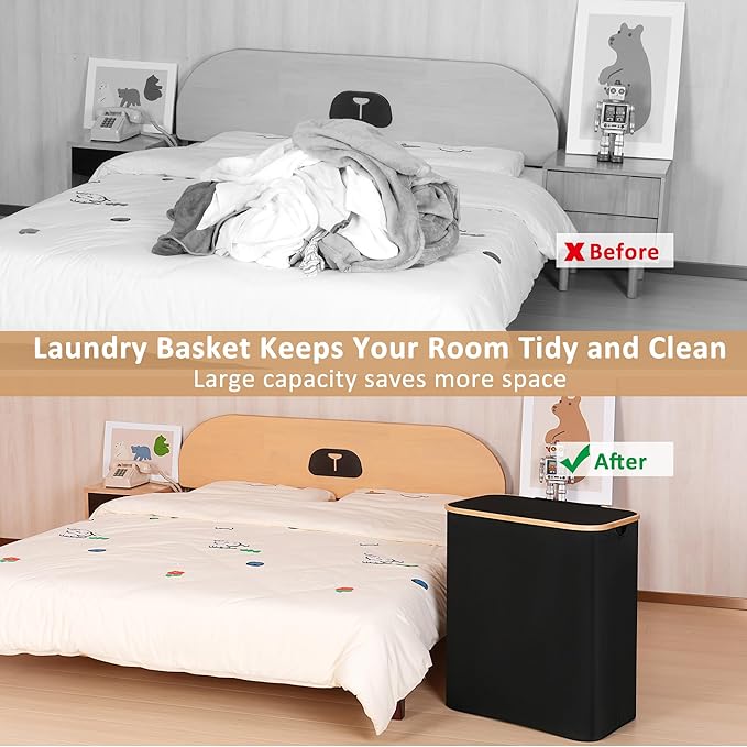 150L Laundry Basket with Lid,Large Laundry Hamper with Bamboo Handles, Hampers for Laundry, Dirty Clothes Hamper with 2 Removable Inner Bags for Clothes Toys Towels,Black