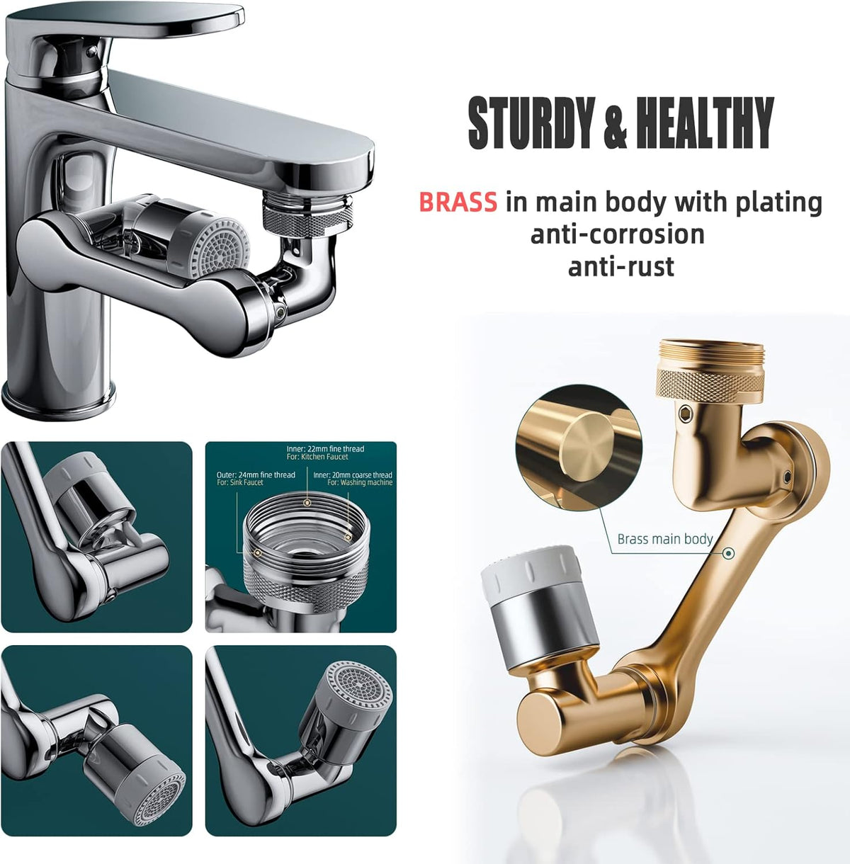 Swivel Sink Faucet Extender with 3 Axis Rotation, Butalso 3 Way Foldable Splash Filter Faucet Aerator, Kitchen/Bathroom Sink Adapter Sprayer Attachment for Gargle, Eyewash and Rinse