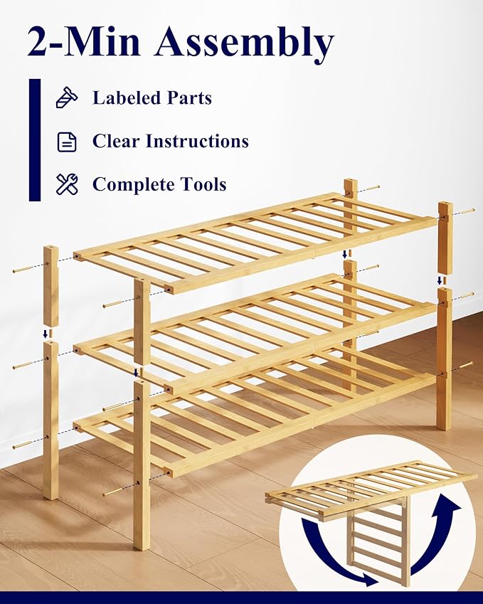 Kitsure Bamboo Wooden Shoe Rack for Closet - Stackable Shoe Organizer with Modular Structure, Space-Saving Shoe Shelf for Entryway, Living Room, Bedroom, 26.8" x 11" x 18.9", Natural