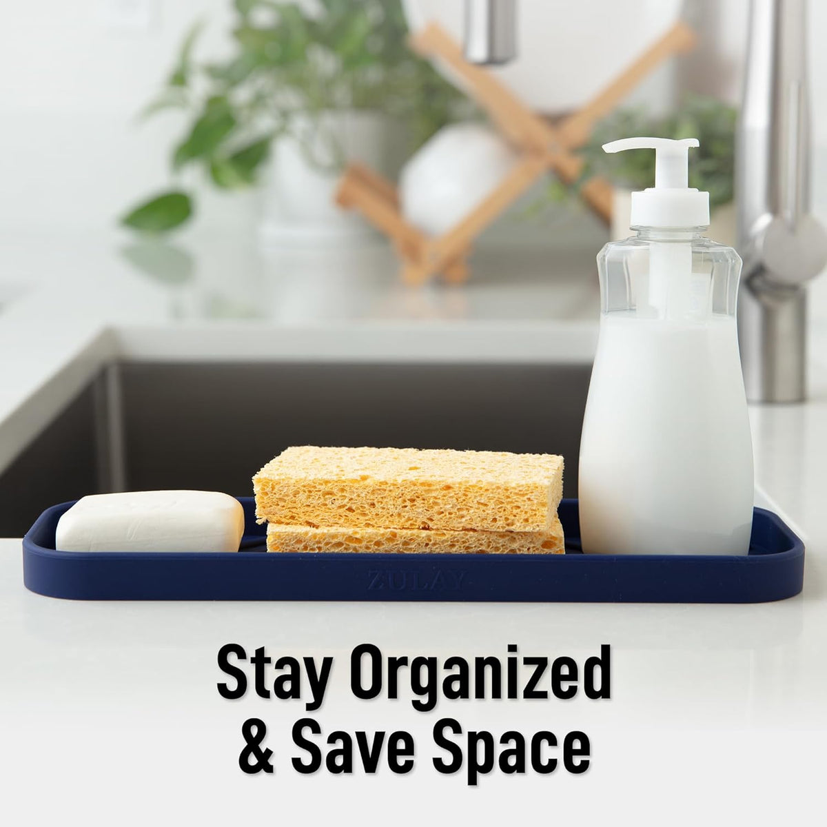 Zulay Kitchen Large Silicone Sponge Holder (12x4) – Flexible Sink Organizer Tray for Kitchen & Bathroom – Multipurpose Soap Dish for Sponges, Makeup, Trinkets & More (Dark Blue)
