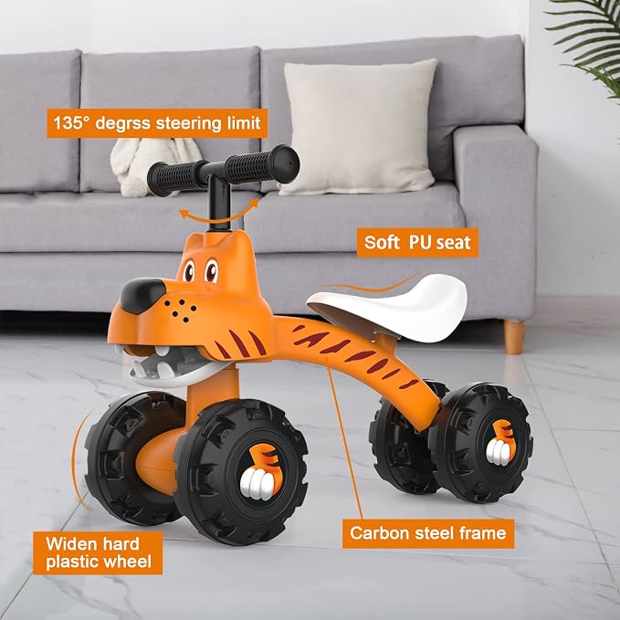 YGJT Baby Balance Bike for 1 Year Old Boy and Girl, Indoor Outdoor Non-Pedal Baby Walker Toys for 10-36 Months Toddlers, Silent Wheels, 1st Birthday Gift, Kids First Bike Tiger