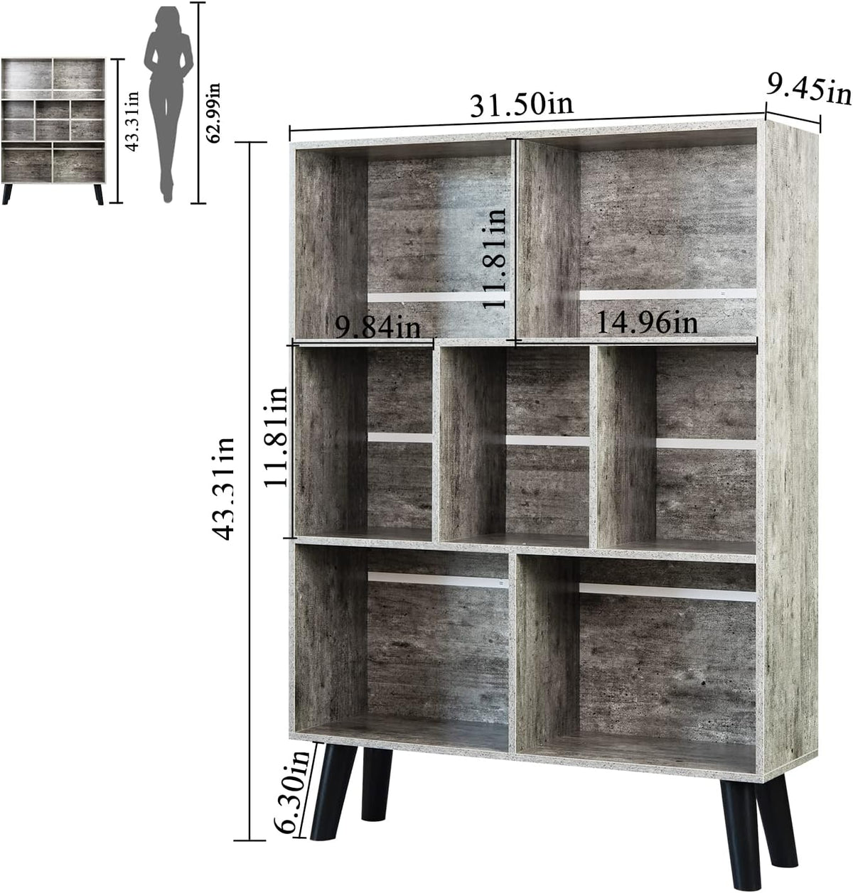 LEYAOYAO Bookshelf Cube Storage Organizer,3 Tier Bookcase with Legs,Modern Wood Open Shelf,Dirty Grey Bookshelves,Free Standing Display Short Book Shelves for Narrow Space,Bedroom,Living Room,Office