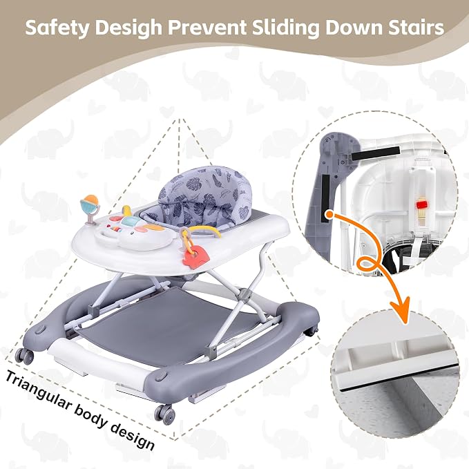 Foldable Baby 5-in-1 Activity Walker - Rocker, Activity Center, Bouncer, Seat, Push Walker - Adjustable Speed Rear Wheels and Height Toys Ages 6-18 Months (Grey)