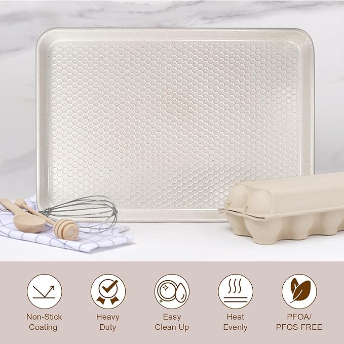 Wildone Baking Sheet Pan Set, Honeycomb Embossed Nonstick Baking Sheet 15x10 In, Thicker Carbon Steel Cookie Sheet, Even Heating Jelly Roll Pan, White, 2 Pack