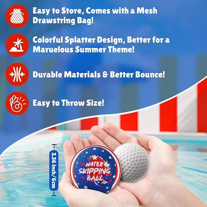 Water Bouncing Ball, 4th of July Splash Skip Water Balls for Fly Swimming Pool Games, 3 Pack Colorful Skipping Balls for Kids 4-8-12 and Adult, Summer Toys Gifts Independence Day Water Party