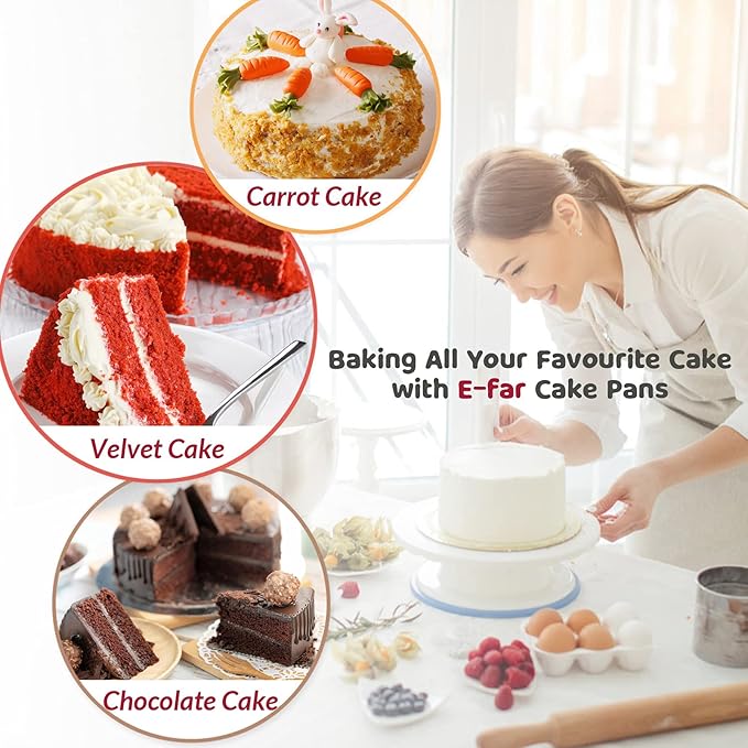 6 Inch Cake Pan Set of 3, E-Far Stainless Steel Round Layer Smash Cake Baking Pans with Parchment Rounds & Side Liner Roll, Non-Toxic & Healthy Metal Cakes Tin, Straight Side & Dishwasher Safe