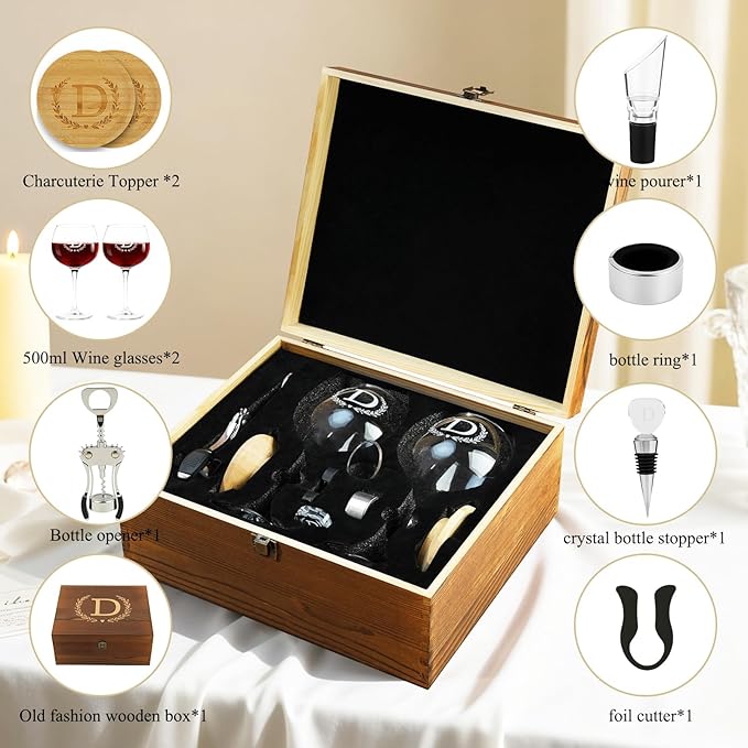 GZLDGIFTS Personalized Initial Wine Glasses Box Gift Set For Women Mom Engraved Birthday Monogrammed Wooden Christmas Gifts Wedding Anniversary Wine Couples Stopper Opener Initial Letterr (A Set)